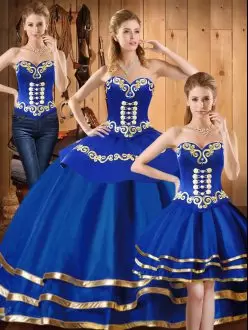 Designer Blue Satin and Tulle Lace Up 15 Quinceanera Dress Sleeveless Floor Length Embroidery