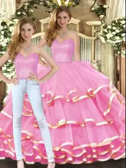 Fashion Organza Sweetheart Sleeveless Lace Up Ruffled Layers Vestidos de Quinceanera in Rose Pink