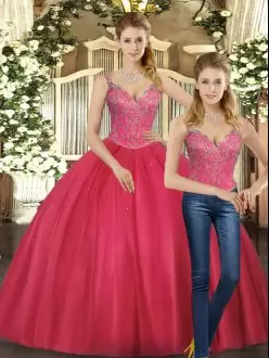 Hot Pink Two Pieces Beading Quinceanera Dress Lace Up Tulle Sleeveless Floor Length