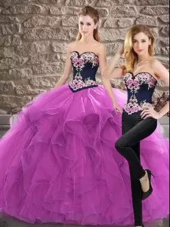 Purple Lace Up Sweet 16 Dresses Sleeveless Sweep Train Embroidery and Ruffles