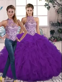 Discount Purple Halter Top 2 Pieces Tulle Ruffles Quinceanera Gown