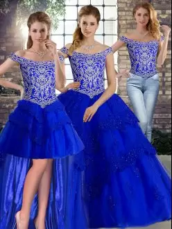 Sleeveless Tulle Brush Train Lace Up 15th Birthday Dress in Royal Blue with Beading and Lace