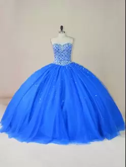 Fitting Sweetheart Sleeveless 15 Quinceanera Dress Floor Length Beading Blue Tulle