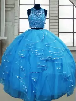Fitting Baby Blue Sleeveless Tulle Lace Up Ball Gown Prom Dress for Military Ball and Sweet 16 and Quinceanera