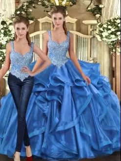 Clearance Tulle Straps Sleeveless Lace Up Beading and Ruffles Vestidos de Quinceanera in Blue