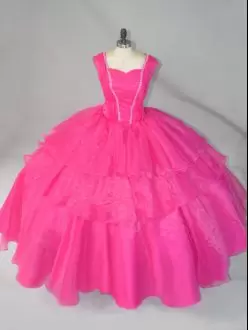 Hot Pink Sleeveless Beading Floor Length Vestidos de Quinceanera