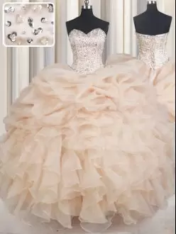 Glittering Champagne Vestidos de Quinceanera Military Ball and Sweet 16 and Quinceanera with Beading and Ruffles and Pick Ups Sweetheart Sleeveless Lace Up