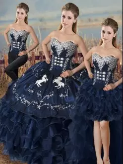 Luxury Embroidery and Ruffles Quince Ball Gowns Navy Blue Lace Up Sleeveless