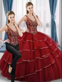 Red V-neck Lace Up Beading and Ruffled Layers Quinceanera Dress Sleeveless