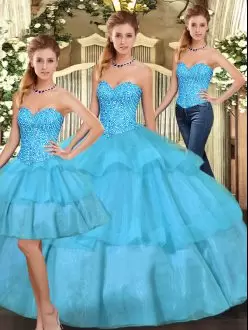 New Arrival Sweetheart Sleeveless Organza Sweet 16 Dress Beading and Ruffled Layers Lace Up