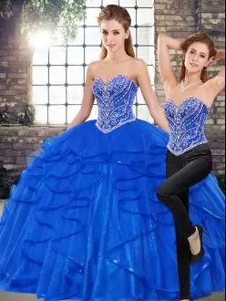 Cheap Royal Blue Sleeveless Tulle Lace Up Quince Ball Gowns for Military Ball and Sweet 16 and Quinceanera