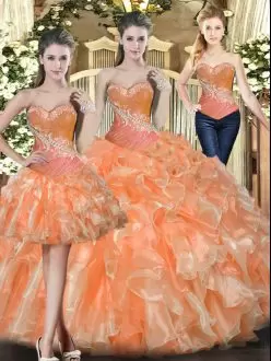 Artistic Orange Red Ball Gowns Beading and Ruffles Sweet 16 Quinceanera Dress Lace Up Tulle Sleeveless Floor Length