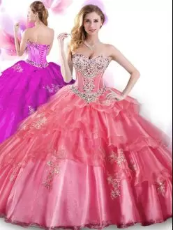 Coral Red Quinceanera Dress Military Ball and Sweet 16 and Quinceanera with Beading and Appliques Sweetheart Sleeveless Lace Up