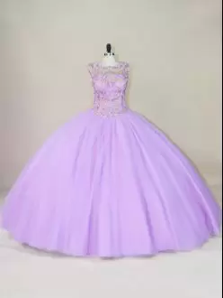 Graceful Floor Length Lavender Quince Ball Gowns Tulle Sleeveless Beading