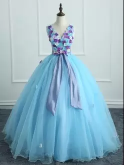 Top Selling Light Blue Organza Lace Up Sweet 16 Dress Sleeveless Floor Length Appliques and Belt
