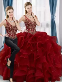 Discount Wine Red Ball Gowns V-neck Sleeveless Organza Floor Length Lace Up Beading and Ruffles Quinceanera Gown