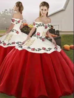 Spectacular Off The Shoulder White and Red Sweet 16 Dresses with Colorful Embroidery