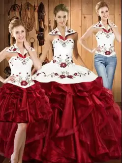 Romantic Wine Red Sleeveless Organza Lace Up Quinceanera Gowns for Military Ball and Sweet 16 and Quinceanera