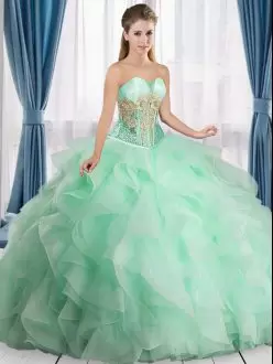 Nice Sleeveless Beading and Ruffles Lace Up Quinceanera Gown with Apple Green Sweep Train
