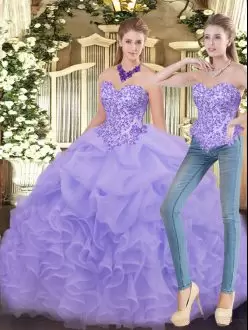 Lavender Two Pieces Sweetheart Sleeveless Organza Floor Length Zipper Appliques and Ruffles 15th Birthday Dress