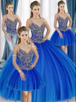 Fantastic Sweetheart Sleeveless Quinceanera Gowns Floor Length Beading Blue Tulle