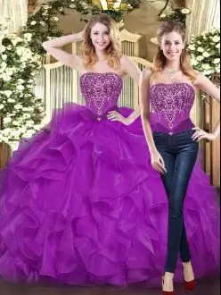 Amazing Purple Ball Gowns Sweetheart Sleeveless Organza Floor Length Lace Up Beading and Ruffles Quinceanera Dresses