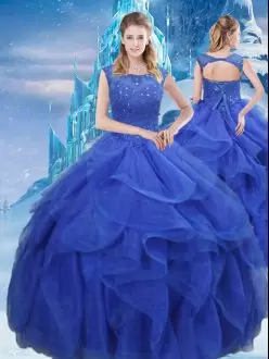 Beauteous Sleeveless Organza Floor Length Lace Up 15th Birthday Dress in Royal Blue with Ruffles and Sequins