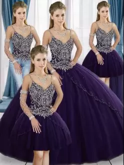 Purple Lace Up Spaghetti Straps Beading Quinceanera Gown Tulle Sleeveless