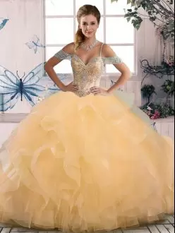 Wonderful Gold 15 Quinceanera Dress Sweet 16 and Quinceanera with Beading Off The Shoulder Sleeveless Lace Up