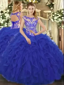 Fabulous Royal Blue Lace Up Scoop Beading and Ruffles Quinceanera Dresses Organza Sleeveless