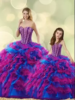 Trendy Multi-color Lace Up Sweetheart Beading and Ruffles Quinceanera Dresses Organza Sleeveless
