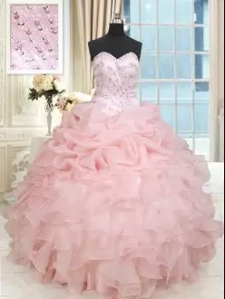 Baby Pink Sleeveless Floor Length Beading and Ruffles and Pick Ups Lace Up 15th Birthday Dress Sweetheart