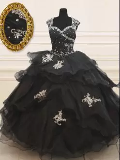 Floor Length Black Quinceanera Gown Organza Cap Sleeves Beading and Appliques and Ruffles