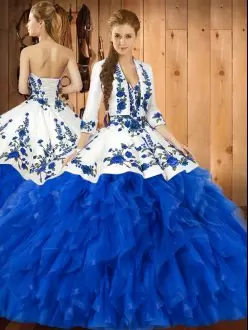 Shining Blue Sleeveless Floor Length Embroidery and Ruffles Lace Up Sweet 16 Dress Sweetheart