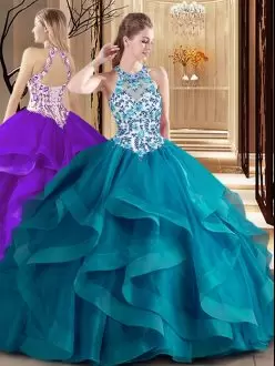Teal Halter Illusion Neckline Keyhole Back Quinceanera Dress with Ruffle Skirt