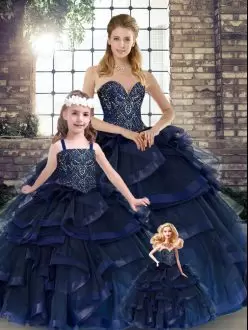Tulle Sweetheart Sleeveless Lace Up Beading and Ruffles Quinceanera Gown in Navy Blue