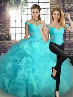 Exquisite Aqua Blue Organza Lace Up Quinceanera Gowns Sleeveless Floor Length Beading and Ruffles
