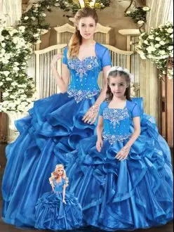 Best Selling Blue Ball Gowns Sweetheart Sleeveless Organza Floor Length Lace Up Beading and Ruffles Quinceanera Dress