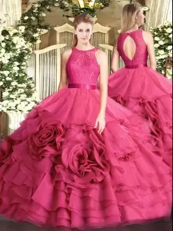 Ball Gowns Quinceanera Dresses Hot Pink Scoop Fabric With Rolling Flowers Sleeveless Floor Length Zipper