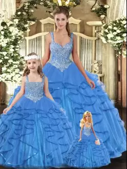 Smart Baby Blue Tulle Lace Up 15th Birthday Dress Sleeveless Floor Length Beading and Ruffles
