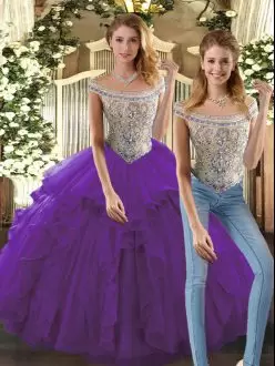 Purple Two Pieces Bateau Sleeveless Organza Floor Length Lace Up Beading and Ruffles Sweet 16 Dresses