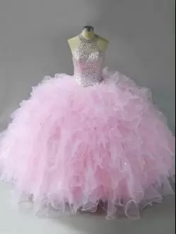 Beading and Ruffles 15th Birthday Dress Pink Lace Up Sleeveless Floor Length