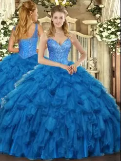 On Sale Beading and Ruffles Quinceanera Gowns Blue Lace Up Sleeveless Floor Length