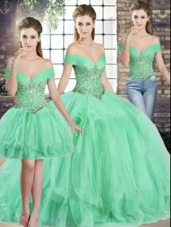 Fine Apple Green 15 Quinceanera Dress Military Ball and Sweet 16 and Quinceanera with Beading and Ruffles Off The Shoulder Sleeveless Lace Up