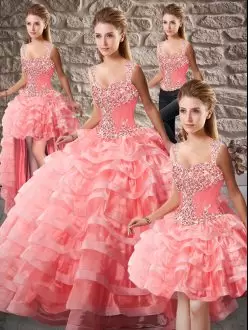 Captivating Watermelon Red Organza Lace Up 15 Quinceanera Dress Sleeveless Court Train Beading and Ruffled Layers