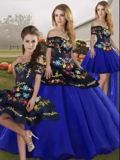Glorious Floor Length Royal Blue Quinceanera Gown Off The Shoulder Sleeveless Lace Up