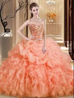 On Sale Ball Gowns Sleeveless Orange Quinceanera Dress Brush Train Lace Up