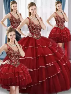 Sleeveless Tulle Floor Length Lace Up Sweet 16 Dress in Red with Beading and Ruffled Layers