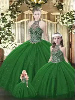 Custom Fit Dark Green Tulle Lace Up Halter Top Sleeveless Floor Length 15th Birthday Dress Beading