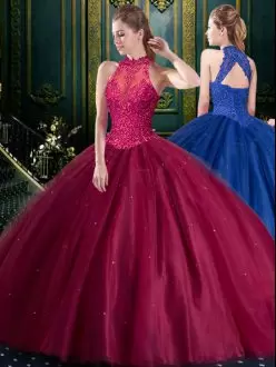 Ball Gowns Sweet 16 Dresses Burgundy High-neck Tulle Sleeveless Floor Length Lace Up